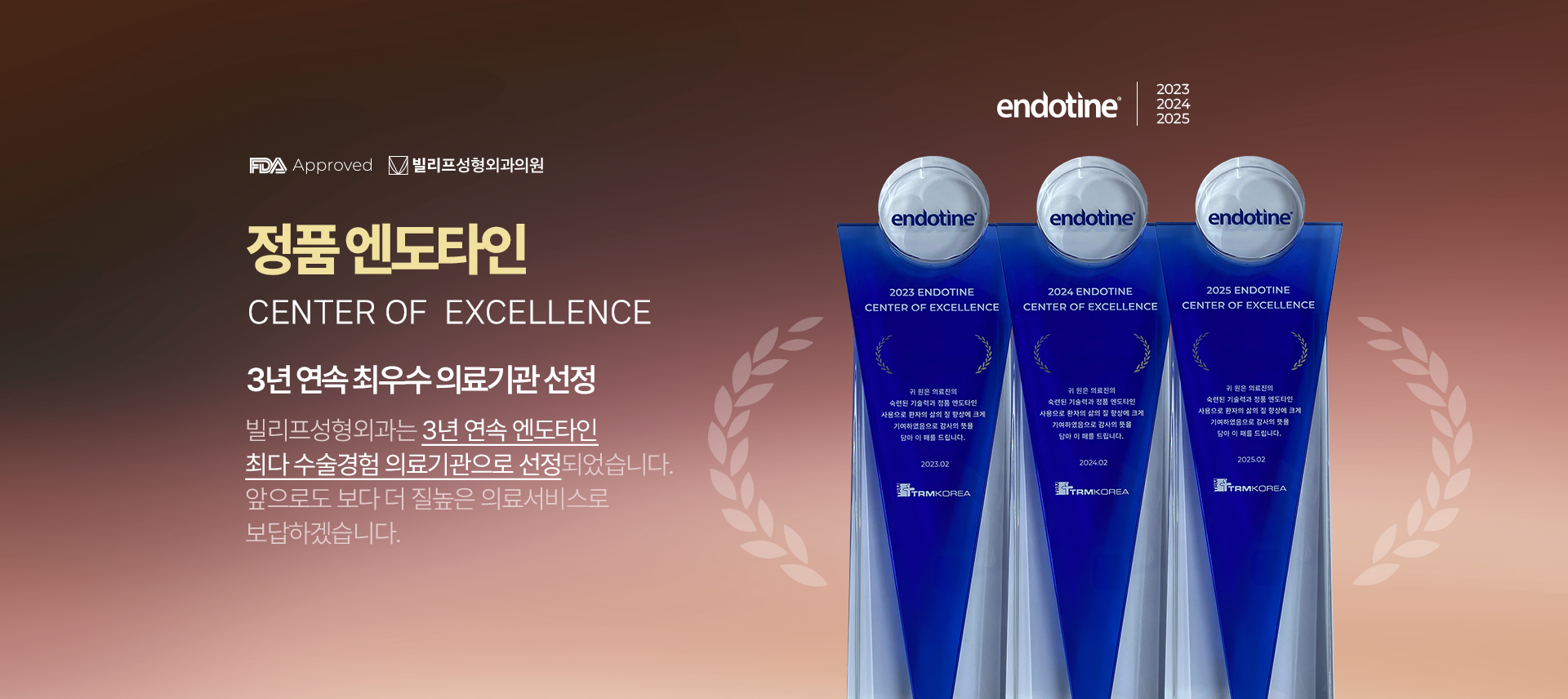 정품 엔도타인 CENTER OF EXCELLENCE 최우수 의료기관 선정 빌리프성형외과는 2년 연속 엔도타인 최다 수술경험 의료기관으로 선정되었습니다.  앞으로도 보다 더 질높은 의료서비스로 보답하겠습니다.